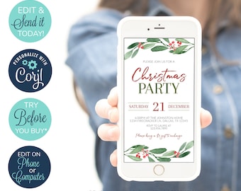 May include: A digital invitation for a Christmas party with a green and red holly design. The invitation says "Please join us for a Christmas Party" and includes the date "Saturday, December 21st".