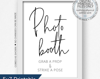 Printable Photo Booth sign, Grab a Prop and Strike a Pose, modern black and white wedding sign, photo booth guestbook sign, party signage