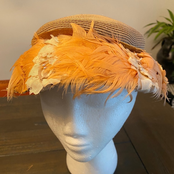 Vintage 50s 60s Valerie Modes Beige Tan Straw Pillbox Hat with Peach Coral Feathers Cream Flowers and Velvet Trim