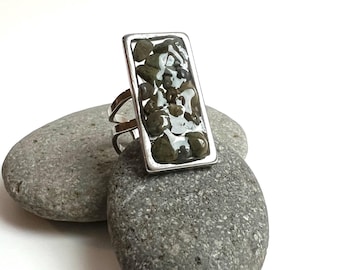 Stainless Steel Oregon Green Jasper in Resin Ring - Size Adjustable