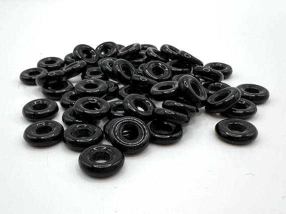 Lot of 51 Vintage Black Glass Donut Ring Beads - 2mmx10mm with 4mm hole