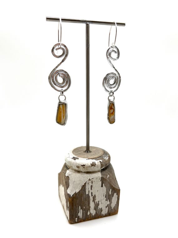 Tiffany Soldered Oregon Coast Shell & Hammered Aluminum Swirl Beach Stone Earrings Beach Lover Gift Organic jewelry Metal Rock Lover