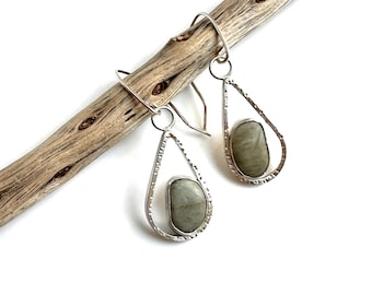 Oxidized Recycled Sterling Silver & Southern Oregon Coast Serpentine Teardrop Earrings