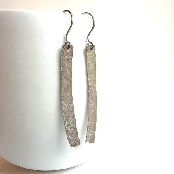 Hammered Long Recycled .925 Sterling Silver & Steel Wire Earrings Beach Lover Gift Organic jewelry Repurposed Jewelry