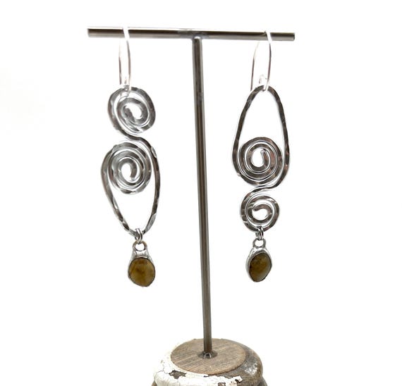 Tiffany Soldered Oregon Coast Quartz & Hammered Aluminum Swirl Beach Stone Earrings Beach Lover Gift Organic jewelry Metal Rock Lover Gift
