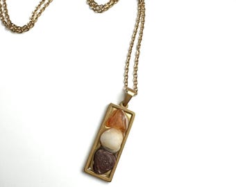 Oregon Carnelian Agate, Red Jasper & Quartz In Resin Gold Pendant Necklace