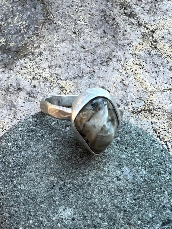 Recycled Sterling Silver Ring w/ Oregon Coast Rutilated Quartz - Size US 5.5 Beach Stone Beach Lover Gift Organic jewelry Rock Lover Gift