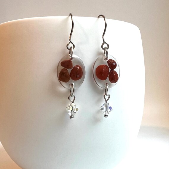 Oregon Red Jasper in Resin Beach Stone Earrings with Crystals Beach Lover Gift Rockhound Organic jewelry Repurposed Jewelry Vintage Crystal