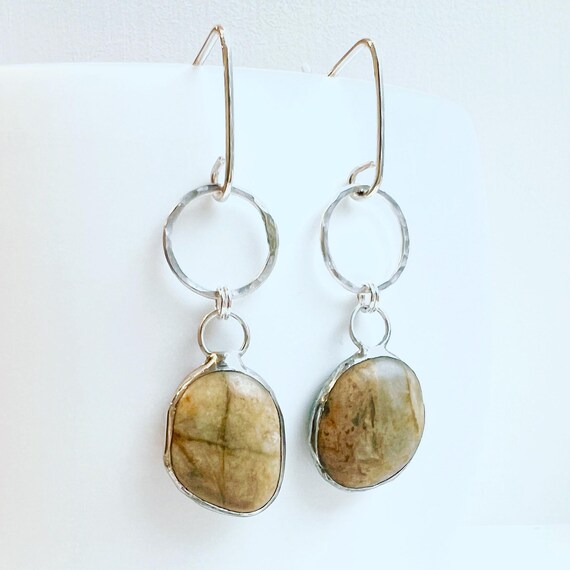 Tiffany Soldered Northern California Coast Yellow Jasper Beach Stone Earrings Beach Lover Gift Organic jewelry Repurposed Jewelry Recycled
