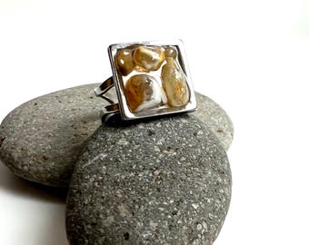 Stainless Steel Oregon Agate in Resin Square Ring - Size Adjustable