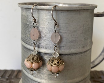 Revived & Upcycled Earrings Vintage Silver/Pink beads, Swarovski and Rose Quartz