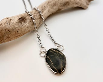 Tiffany Soldered Northern California Black Jade Pendant Necklace Beach Stone Beach Lover Gift Organic jewelry Rock Lover Gift