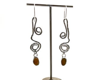 Tiffany Soldered Oregon Coast Sugar Agate & Hammered Aluminum Swirl Beach Stone Earrings Beach Lover Gift Organic jewelry Metal Rock Lover
