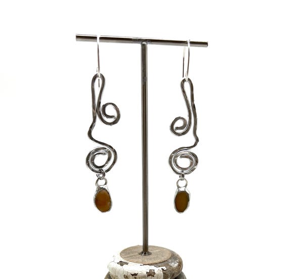 Tiffany Soldered Oregon Coast Sugar Agate & Hammered Aluminum Swirl Beach Stone Earrings Beach Lover Gift Organic jewelry Metal Rock Lover