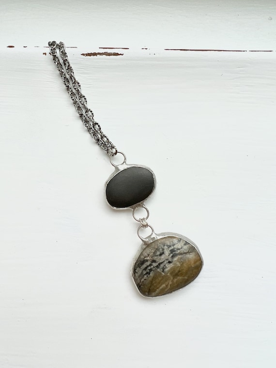 Tiffany Soldered 2-Stone Northern California Basalt & Picture Jasper Pendant Beach Stone Beach Lover Gift Organic jewelry Rock Lover Gift