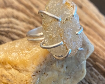 Sterling Silver Prong Statement Ring w/ Oregon Coast Agate Beach Stone Size 7.5  Beach Lover Gift Organic jewelry Recycled Rock Lover Gift