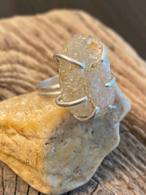 Sterling Silver Prong Statement Ring w/ Oregon Coast Agate Beach Stone Size 7.5  Beach Lover Gift Organic jewelry Recycled Rock Lover Gift