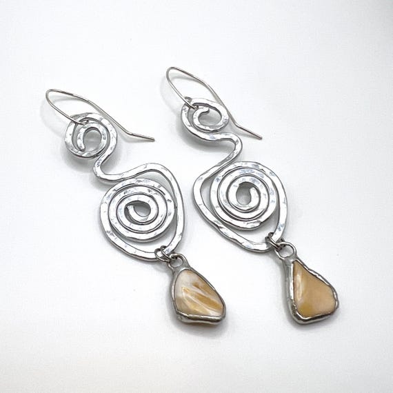 Tiffany Soldered Oregon Coast Shell & Hammered Aluminum Swirl Beach Stone Earrings Beach Lover Gift Organic jewelry Metal Rock Lover