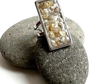 Stainless Steel Oregon Agate & Quartz  in Resin Ring - Size Adjustable