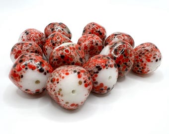 Lot of 13 Vintage White Red Black Speckled Glass Beads - 15mmx17mm with approximately 1mm hole jewelry making supplies unique