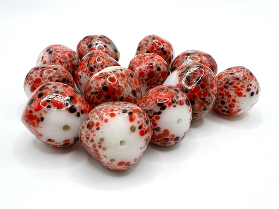 Lot of 13 Vintage White Red Black Speckled Glass Beads - 15mmx17mm with approximately 1mm hole jewelry making supplies unique