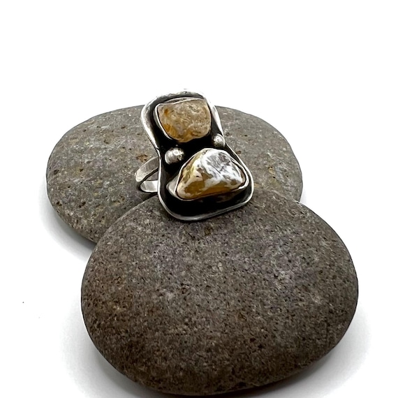 Sterling Silver Oxidized 2-Stone Oregon Coast Agate Beach Stone Statement Ring - Size 7 Beach Lover Gift Organic jewelry Metal Rock Lover