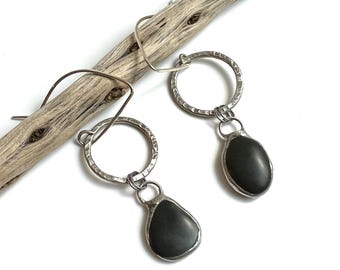 Tiffany Soldered Oregon Coast Dark Green Jasper Beach Stone Earrings