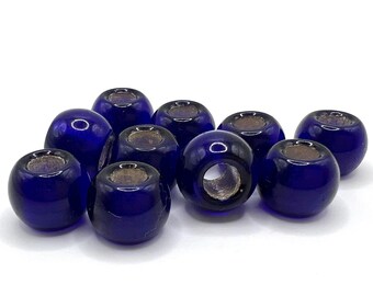 Lot of 10 Vintage Cobalt Blue Glass Silver Foil lined Beads - 8x11mm with 3mm hole