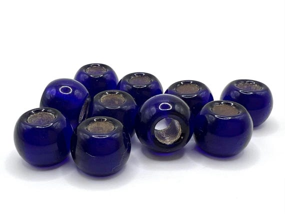Lot of 10 Vintage Cobalt Blue Glass Silver Foil lined Beads - 8x11mm with 3mm hole