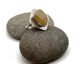 Sterling Silver Diamond Shape Square Oregon Coast Agate Beach Stone Ring - Size 8 Beach Lover Gift Organic jewelry Recycled Rock Lover Gift