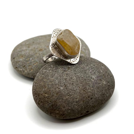 Sterling Silver Diamond Shape Square Oregon Coast Agate Beach Stone Ring - Size 8 Beach Lover Gift Organic jewelry Recycled Rock Lover Gift