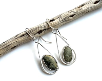 Recycled Sterling Silver & Southern Oregon Coast Serpentine Teardrop Earrings