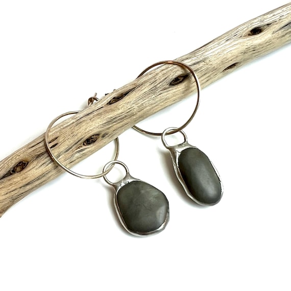 Tiffany Soldered Oregon Coast Chalcedony  & Sterling Hoop Beach Stone Earrings Beach Lover Gift Organic Repurposed Jewelry Recycled Metal