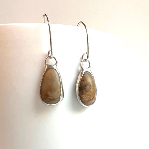 Tiffany Soldered & Sterling Southern Oregon Coast Sugar Agate Beach Stone Earrings Beach Lover Gift Organic jewelry Repurposed Jewelry
