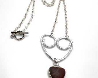 Oregon Coast Red Jasper Heart Swirl Hammered Aluminum Pendant Necklace - 26" Beach Stone Beach Lover Gift Organic jewelry Rock Lover Gift