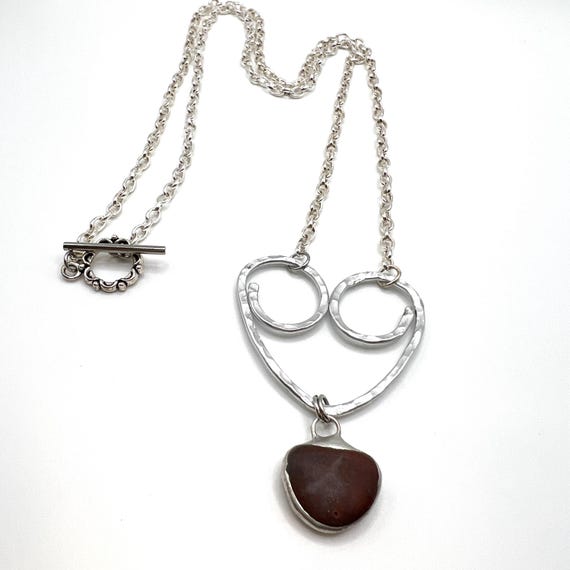 Oregon Coast Red Jasper Heart Swirl Hammered Aluminum Pendant Necklace - 26" Beach Stone Beach Lover Gift Organic jewelry Rock Lover Gift