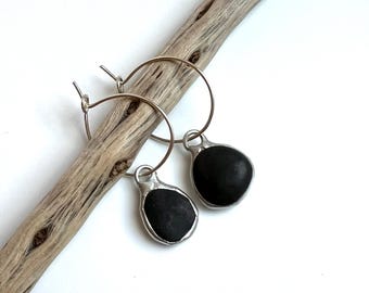 Tiffany Soldered Oregon Coast Basalt & Sterling Hoop Beach Stone Earrings Beach Lover Gift Organic jewelry Repurposed Jewelry Recycled Metal