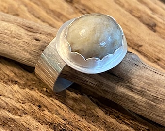 Sterling Silver Off-set Oval Statement Ring w/ Oregon Quartz Size 6.25 Beach Stone Beach Lover Gift Organic jewelry Recycled Rock Lover Gift