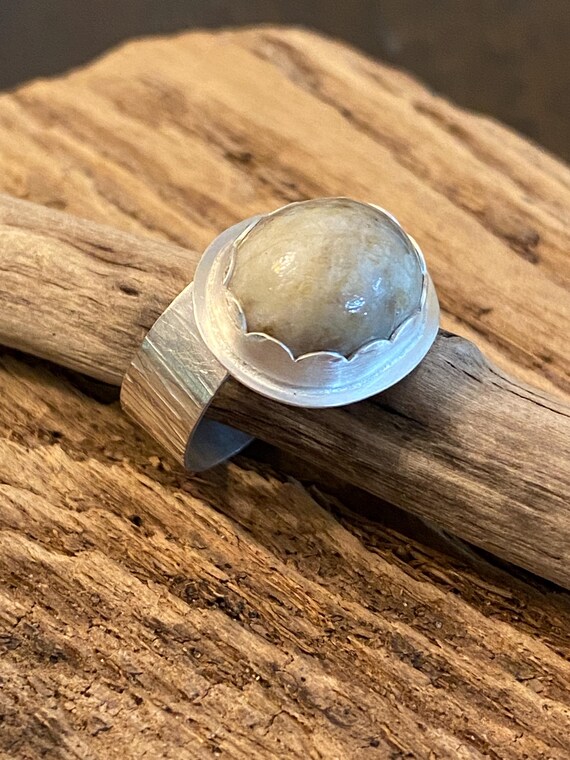 Sterling Silver Off-set Oval Statement Ring w/ Oregon Quartz Size 6.25 Beach Stone Beach Lover Gift Organic jewelry Recycled Rock Lover Gift