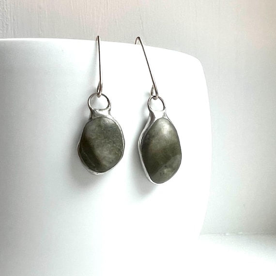 Tiffany Soldered Northern Calif Serpentine Beach Stone Earrings Beach Lover Gift Rockhound Organic jewelry Repurposed Jewelry Recycled Metal