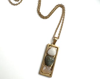 Oregon Agate, Green Jasper & Quartz In Resin Gold Pendant Necklace