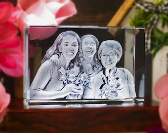 3D Laser Gifts® Custom Photo Crystal, Gift for Mom, Unique Family Portrait, Grandmother Birthday Gift, Spring Decor | 3D Crystal Classic