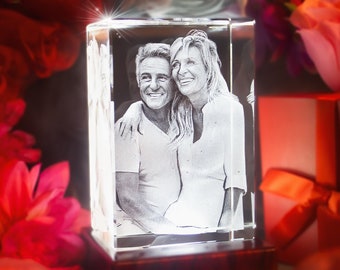 3D Laser Gifts® Valentines Gift, Special Couple Gift, Custom Etched Portrait, Clear Engraved Glass | 3D Photo Crystal Classic