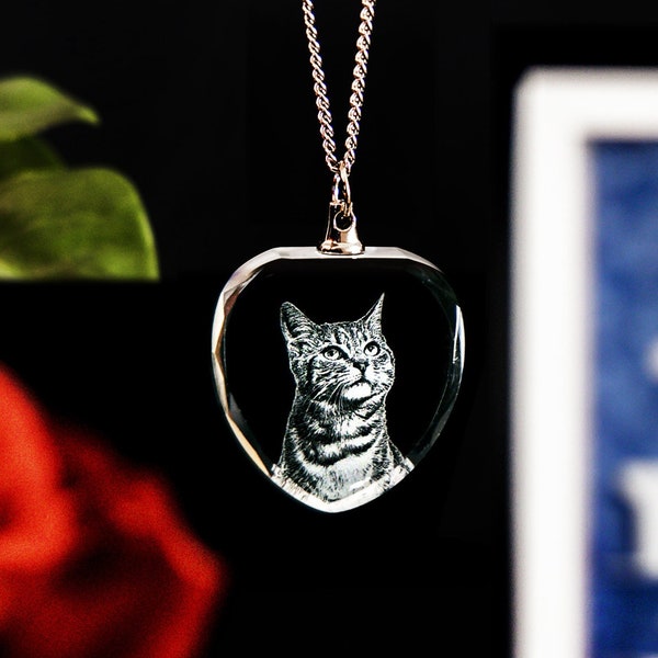 3D Laser Gifts® Personalized Pet Memorial, Unique Handmade Jewelry, Laser Etched, Cat Portrait, Custom Gift for Her | Photo Crystal Necklace