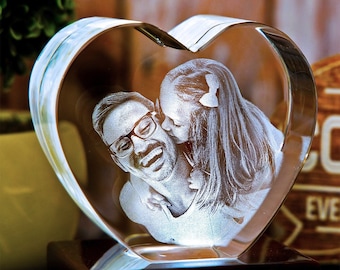 Regalo personalizzato per la festa del papà da parte della figlia, regalo personalizzato per papà, decorazione per il soggiorno, regalo per lui, ritratto di famiglia/cuore di cristallo con foto 3D