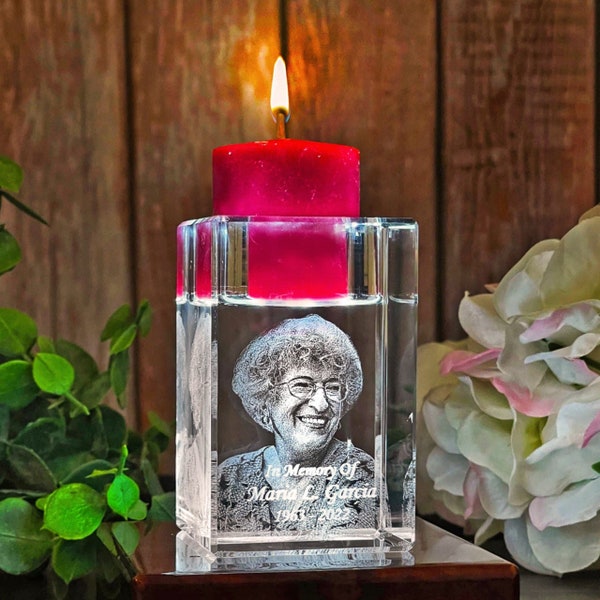 Portacandele commemorativo personalizzato, regalo in ricordo, regalo per la persona amata scomparsa, decorazione tombale per cimitero/portacandele in cristallo con foto 3D