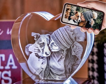 3DLaserGifts® huisdierherdenkingscadeau, aangepaste lasergravure, gepersonaliseerd tafelbladdecor, dierenliefhebbers handgemaakt fotocadeau | 3D fotokristalliefde