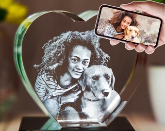 Custom Gift for Pet Lovers, Laser Etched Picture, Engraved Glass Art, Personalized Tabletop, Anniversary & Wedding | 3D Photo Crystal Love