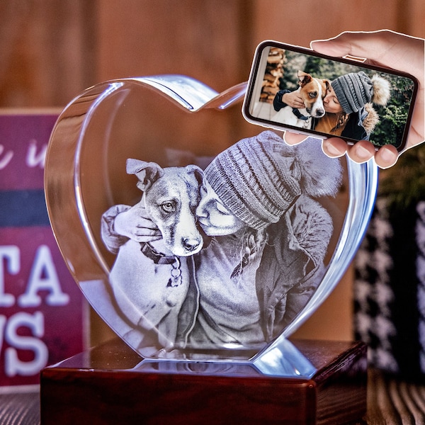 3DLaserGifts® Pet Memorial Gift, Custom Laser Engraving, Personalized Tabletop Decor, Pet Lovers Handmade Photo Gift |3D Photo Crystal Love