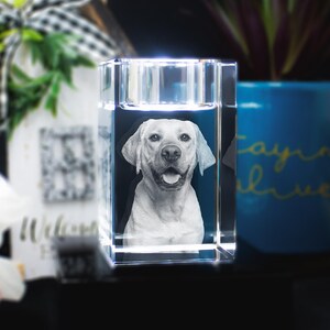 Custom Memorial Candle Holder, Sympathy Gift for Pet Lovers, Loss of Dog, Laser Etched Glass, Pet Memorial | 3D Photo Crystal Candle Holder